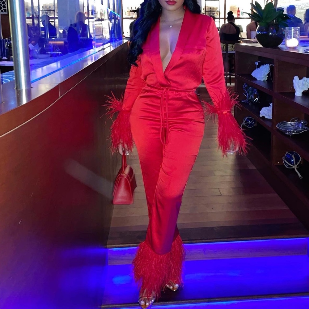 Red feather jumpsuit
